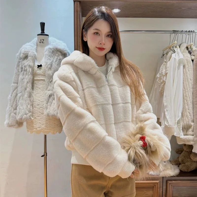 Women's Faux Mink Hoodie Jacket – Korean Style Winter Coat Women's Hoodie Jacket Axl
