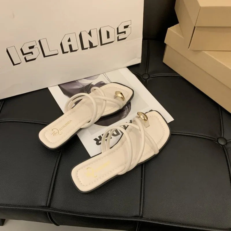 Women's Cross Strap Slide Sandals – Lightweight Toe Loop Beach Slide Sandals Axl 40 Beige