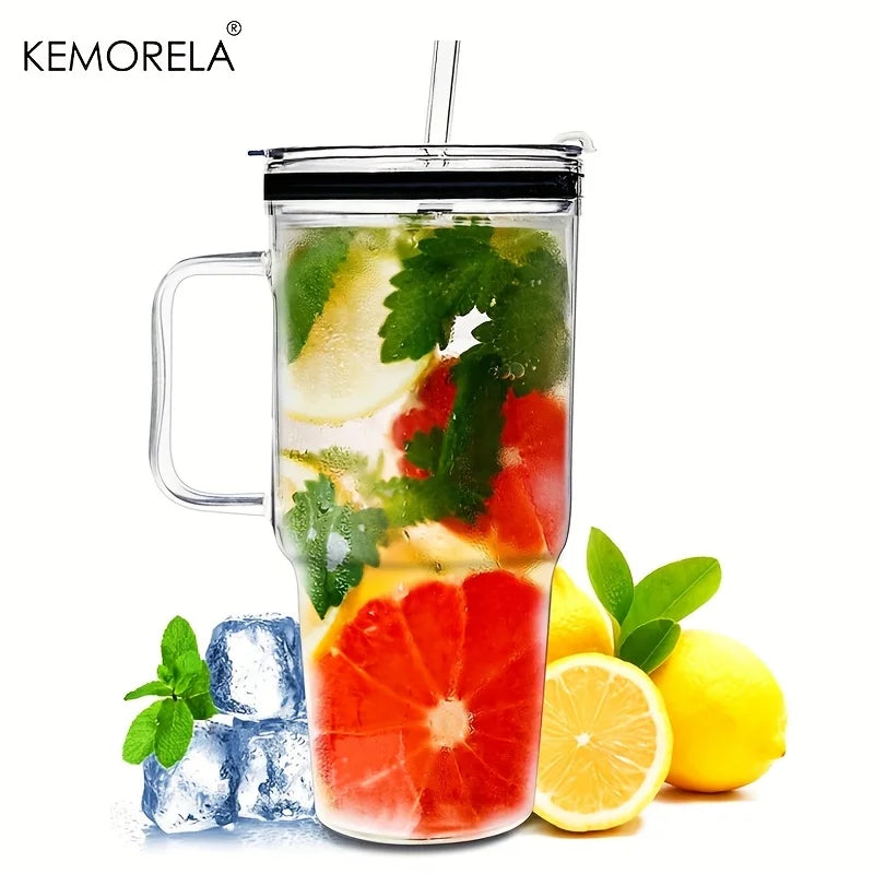KEMORELA 40oz Glass Tumbler with Handle, Lid & Straw | 1–2 Pack Glass Tumbler Axl 1pc >1L
