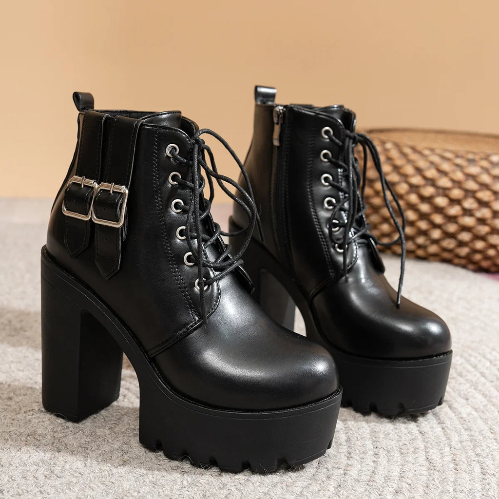 Women's Lace-Up Double Buckle High Heel Ankle Boots – Black Women's Ankle Boots Axl