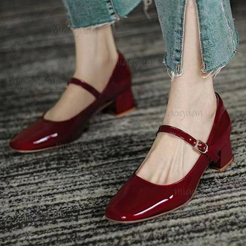 French Square Toe Mary Jane Pumps – Retro Mid-Heel Women's Shoes Mary Jane Pumps Axl