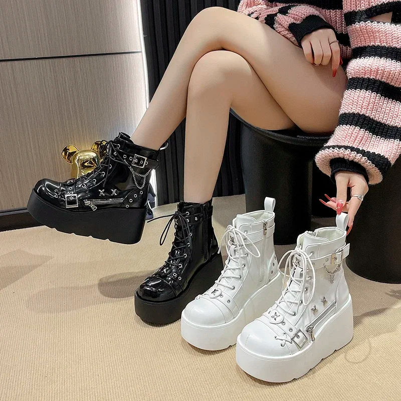 Gothic Platform Wedge Mid-Calf Boots – Women's Lace-Up Platform Wedge Boots Axl