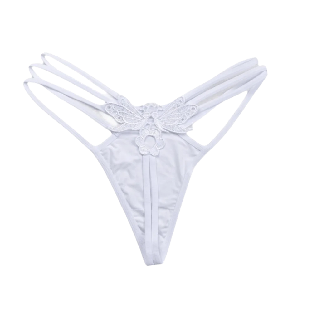Women's Lace Butterfly Thong – Low Rise Nylon T-Back Panties Thong Panties Axl White One Size 1pc