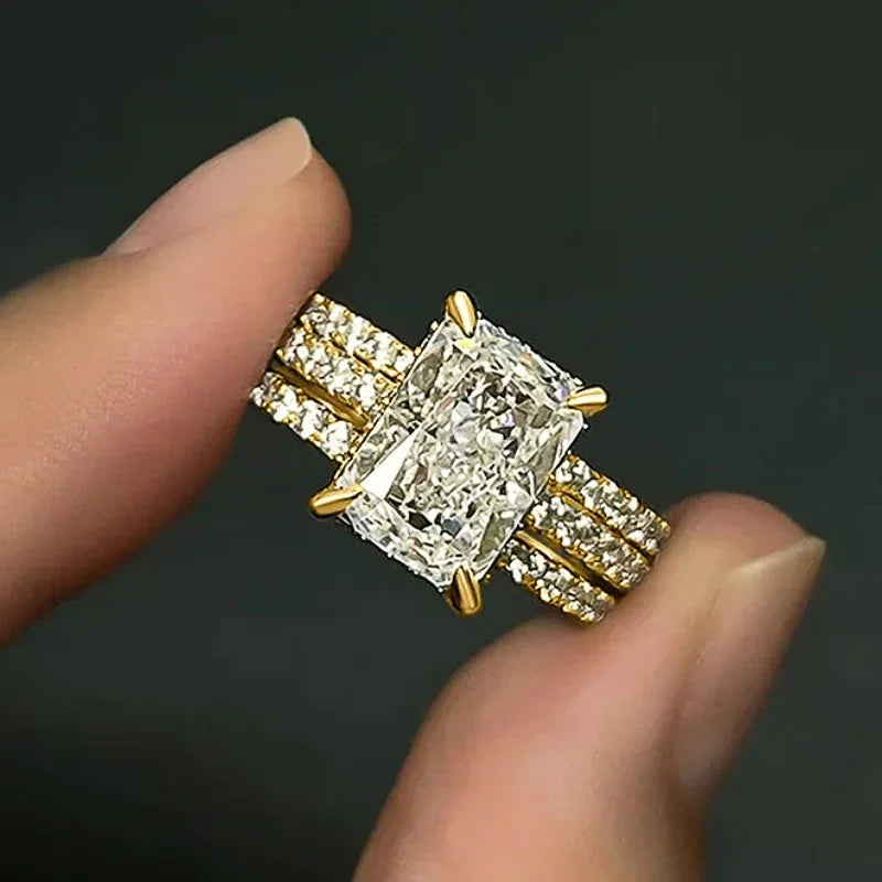 Huitan 3-Piece CZ Bridal Ring Set – Rectangular Wedding Rings Bridal Ring Set Axl