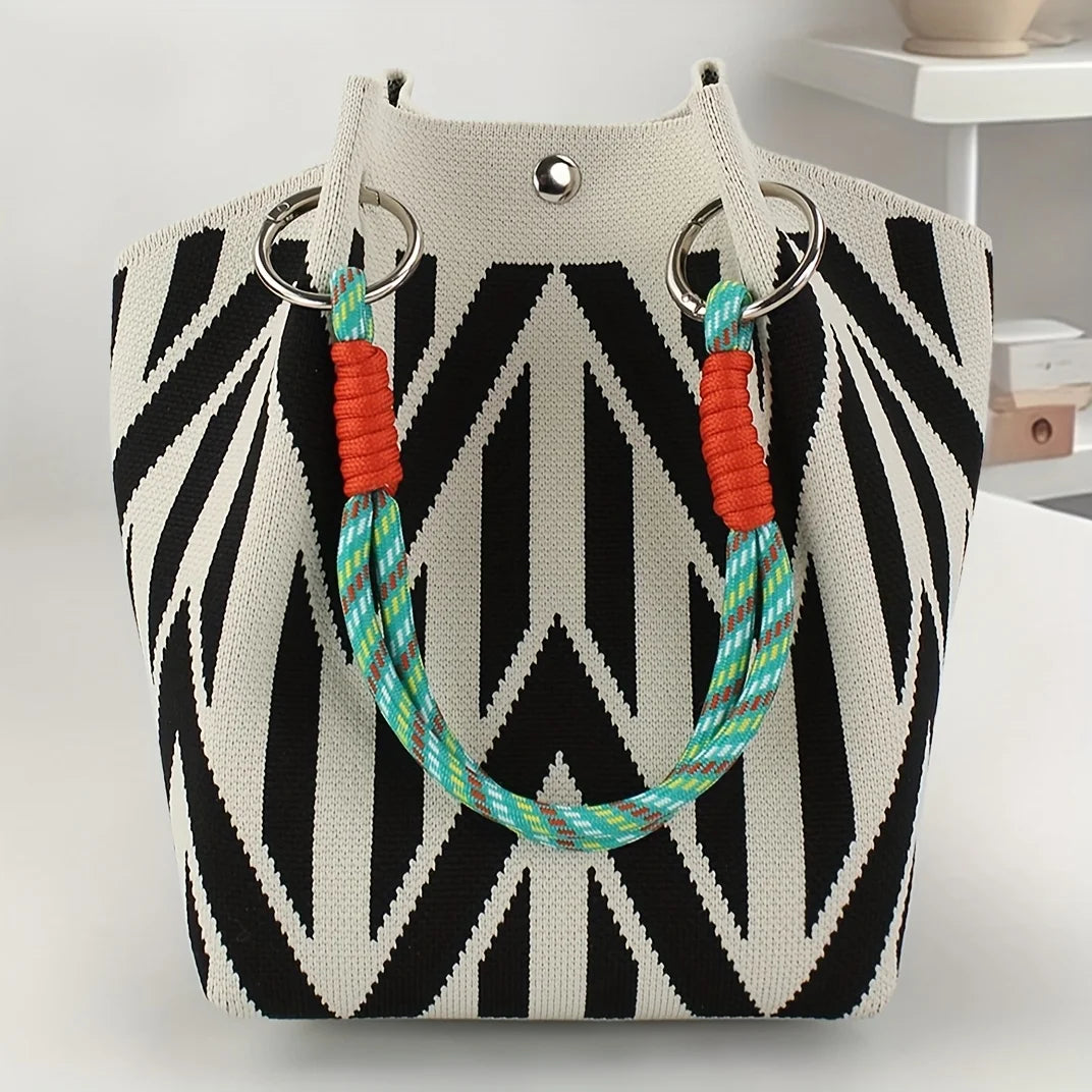 Women's Knit Bucket Handbag – Floral Fabric & Metal Clasp Bucket Handbag Axl Rice black diamond