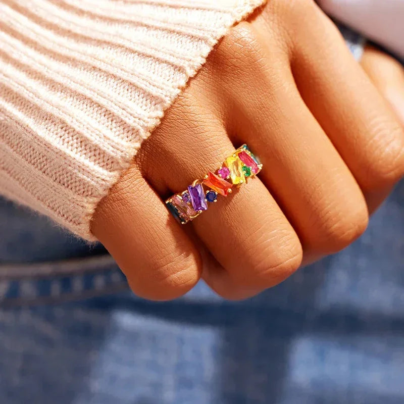Huitan Rainbow CZ Ring – Dainty Geometric Women's Party Ring Fashion Ring Axl