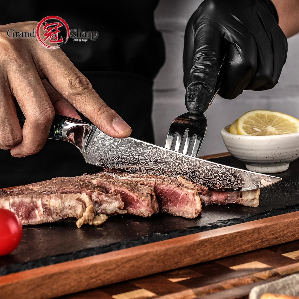 GrandSharp AUS-10 Damascus Steel Steak Knife | Japanese Steel Damascus Steak Knife Axl