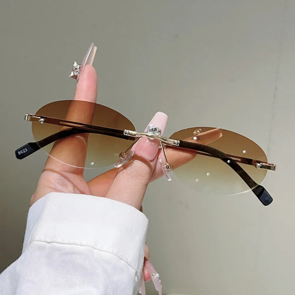 Vintage Rimless Oval Sunglasses – Gradient Lens Women's Fashion Oval Sunglasses Axl Style 2 WHITE