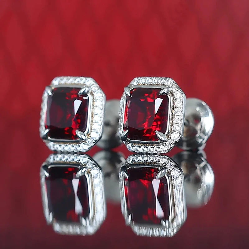 Huitan Red Cubic Zirconia Square Stud Earrings | Silver Tone Stud Earrings Axl