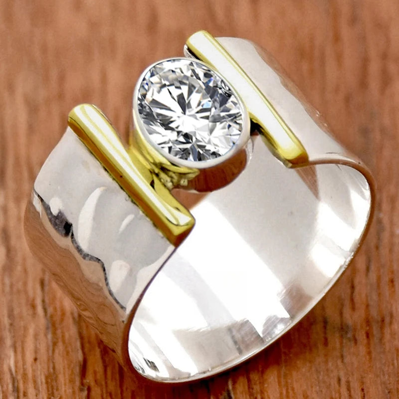 Huitan Wide CZ Ring – Two-Tone Hammered Statement Band for Women Fashion Statement Ring Axl A763 10