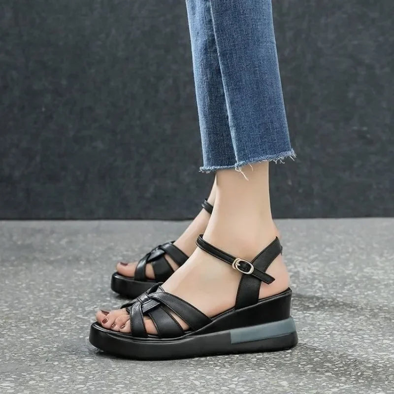 Women's Retro Hollow Button Open-Toe Wedge Sandals Wedge Sandals Axl