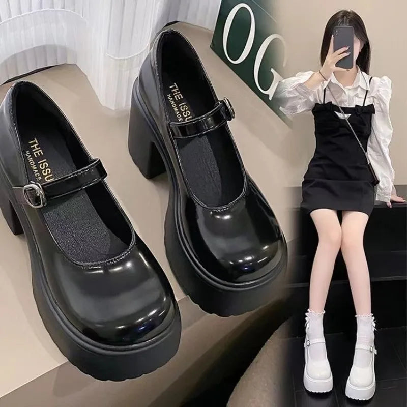 Women's Retro Platform Loafers – Buckle Strap Thick Heel Platform Loafers Axl