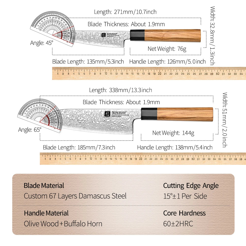 XINZUO 4-Piece 67-Layer Damascus Steel Knife Set | Olive Wood Damascus Knife Set Axl