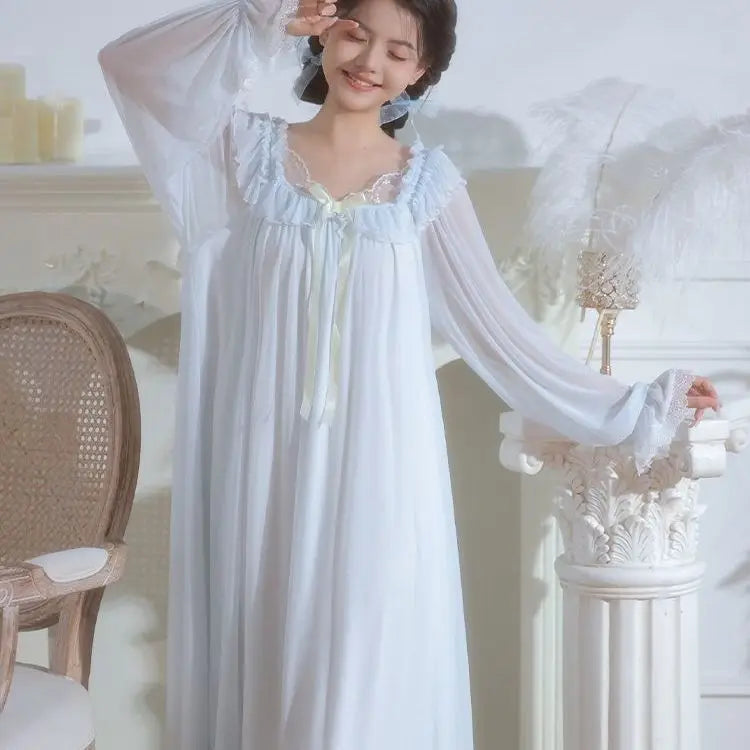 Women's Lace Mesh Nightgown – Bow Long-Sleeve Nightdress Women's Nightgown Axl Blue XL