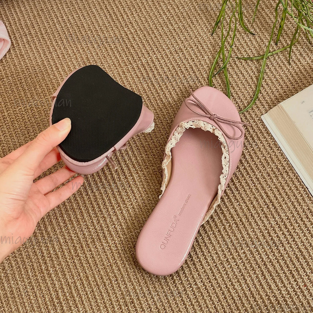 Bow Lace Women's Open Toe Flat Slide Sandals | Non-Slip Slippers Flat Slide Sandals Axl