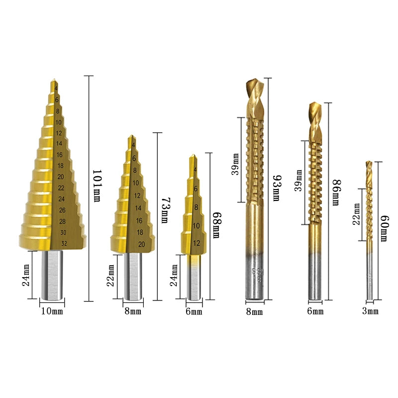 6-Piece Step Drill Bit Set – 4-12 to 4-32mm Wood Hole Saw Kit Step Drill Bit Set Axl plasticbag-1set