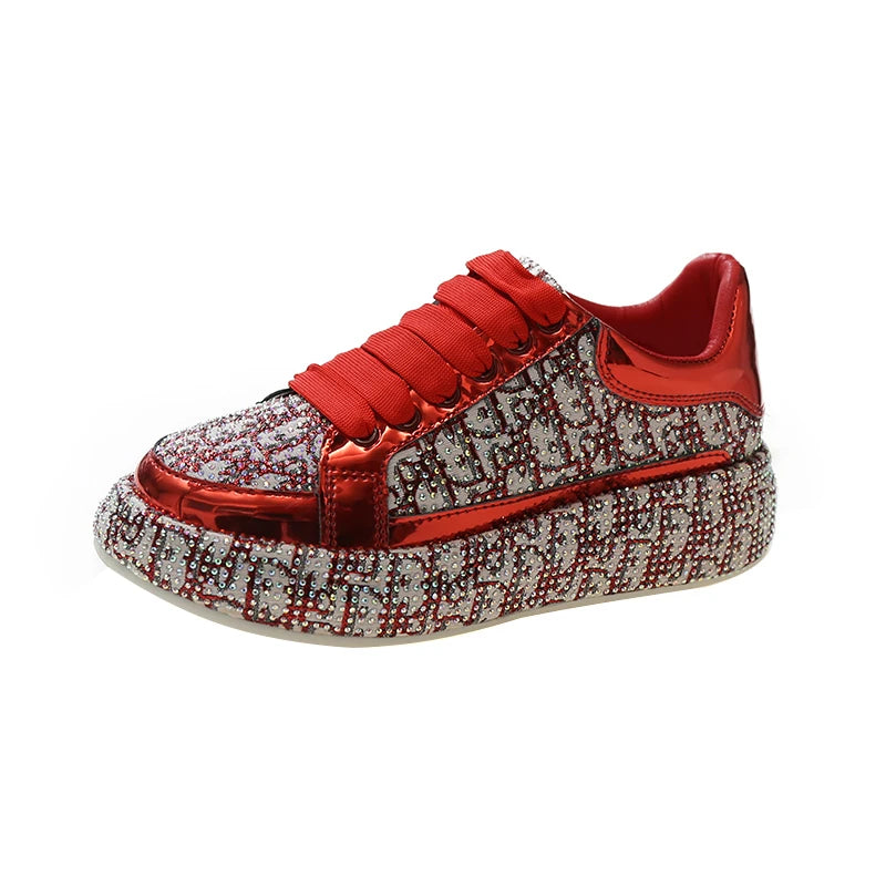 Women's Rhinestone Handmade Diamond Thick Sole Fashion Sneakers Fashion Sneakers Axl Red 39