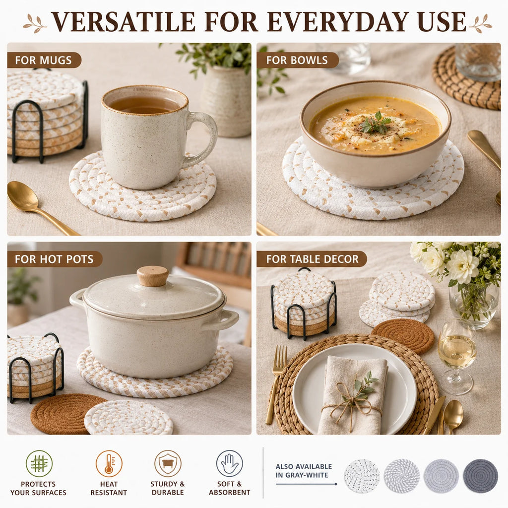 9-Piece Woven Jute Placemat & Coaster Set with Holder | Boho Woven Placemat Set Axl