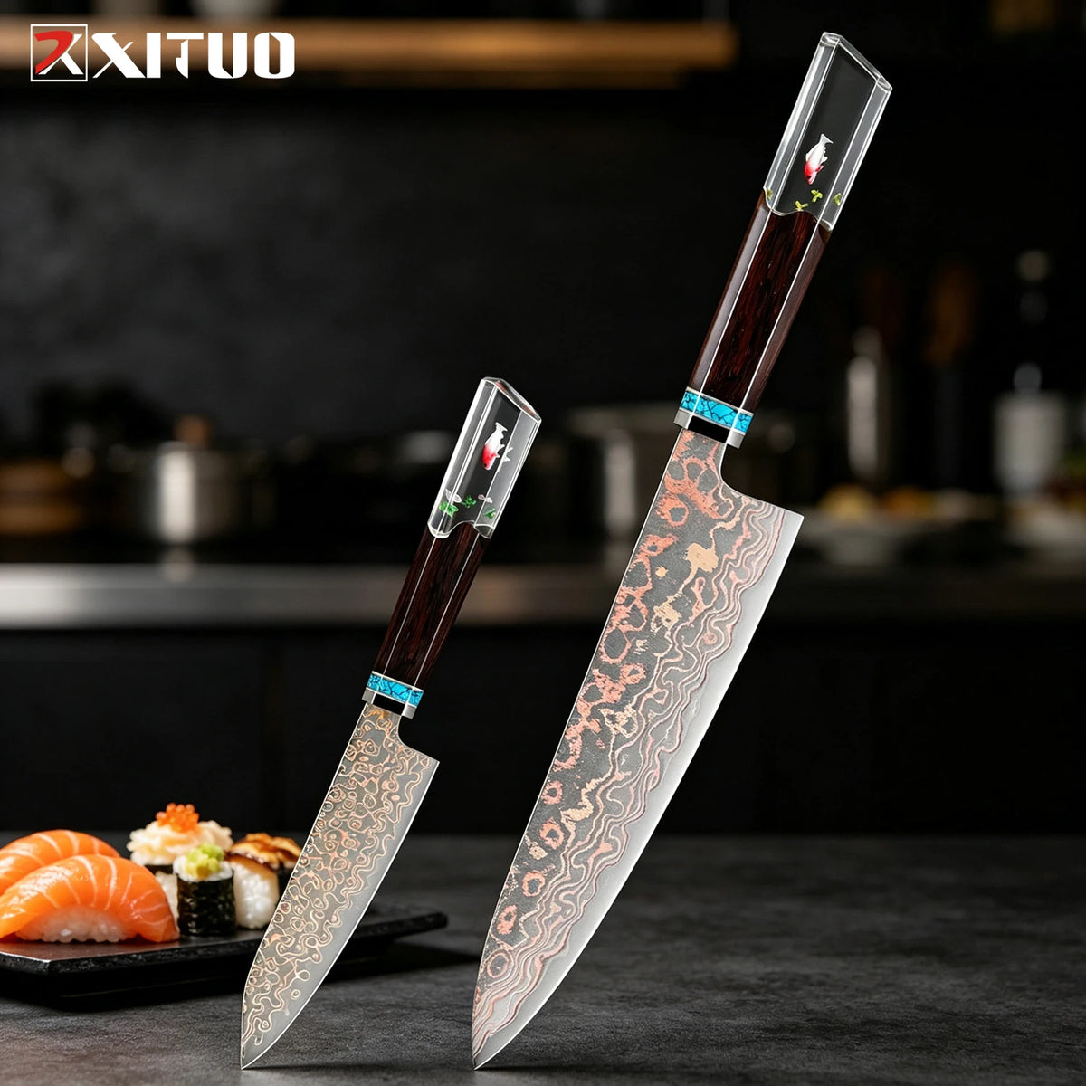 XITUO Damascus Steel Chef Knife Set – Octagonal Wood Handle Kitchen Knife Set Axl 2PCS Knife B