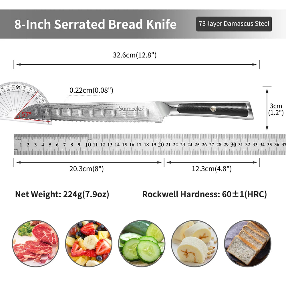 Sunnecko 8" Damascus Steel Serrated Bread Knife – 73 Layer VG10 Damascus Bread Knife Axl