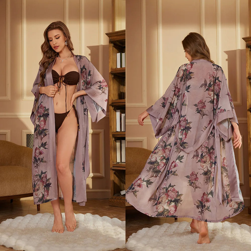 Women's Satin Floral Robe – Long Sleeve Lace-Up Bathrobe Satin Bathrobe Axl 3386-2 One Size