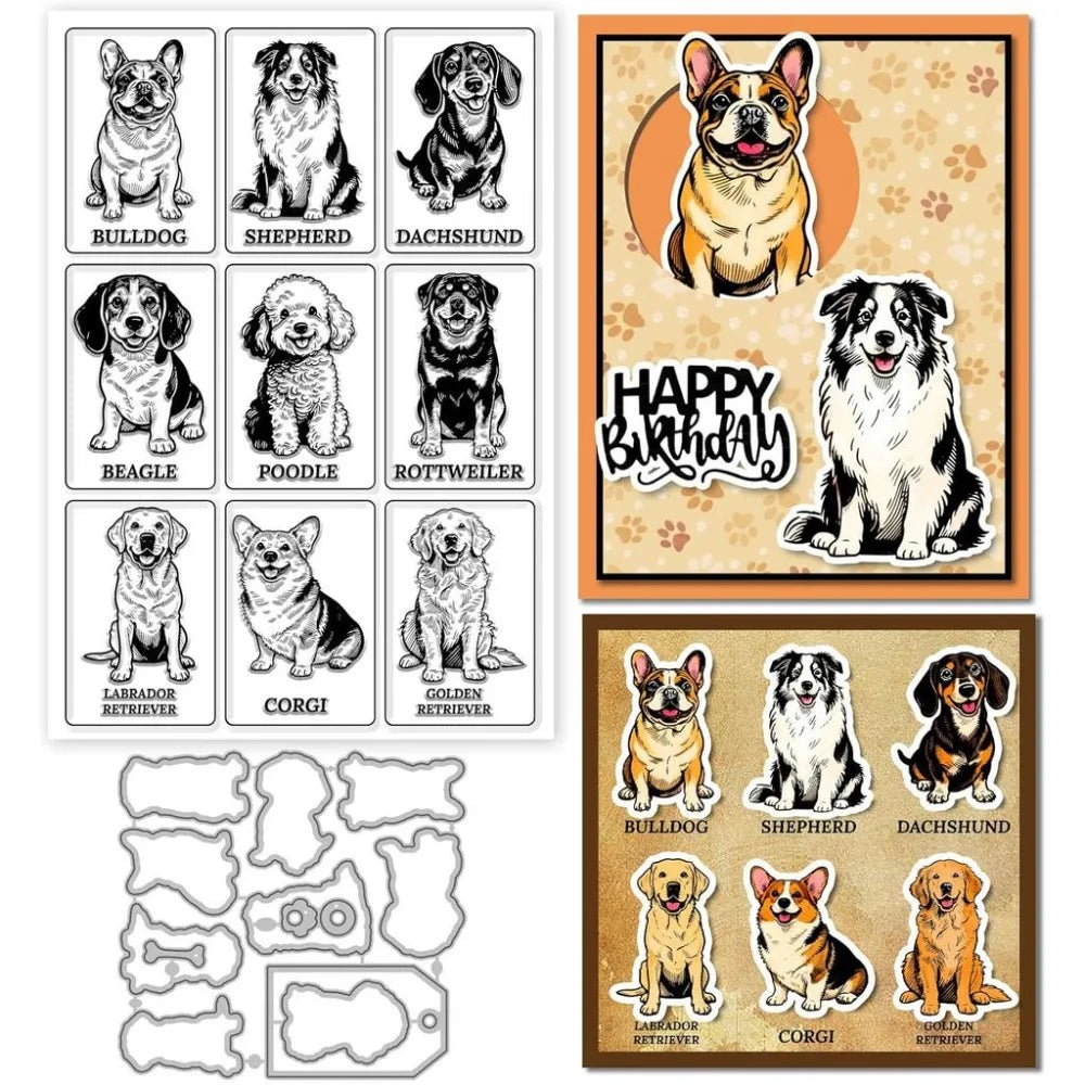 Dog Clear Stamp & Cutting Dies Set – 10 Breeds Card Making Stamp & Die Cut Set Axl AECH04-19304