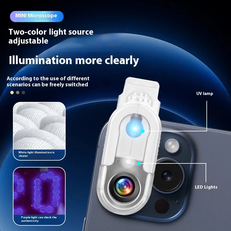 100X Mobile Phone Microscope with UV Purple Light | Clip-On Clip-On Phone Microscope Axl