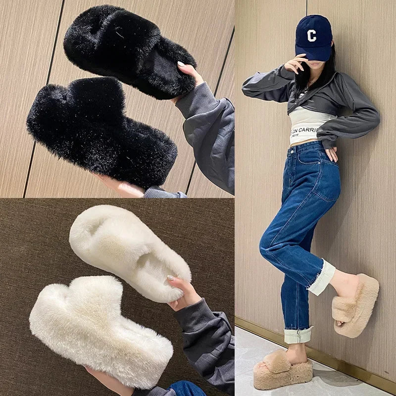 Women's Fluffy Platform Slides – Luxury Plush Fur Slippers Platform Fur Slippers Axl