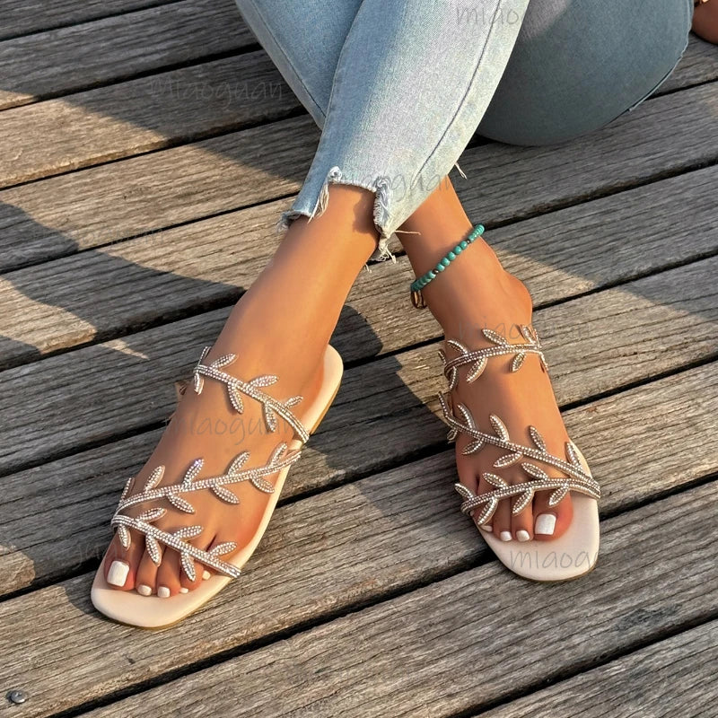 Women's Rhinestone Leaf Flat Slide Sandals | Summer Beach Slippers Flat Slide Sandals Axl