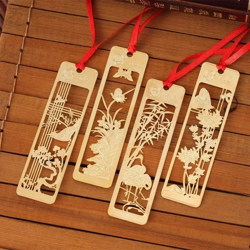 Chinese Style Metal Hollow Bookmarks with Red Knot | Gift Set Metal Bookmarks Axl