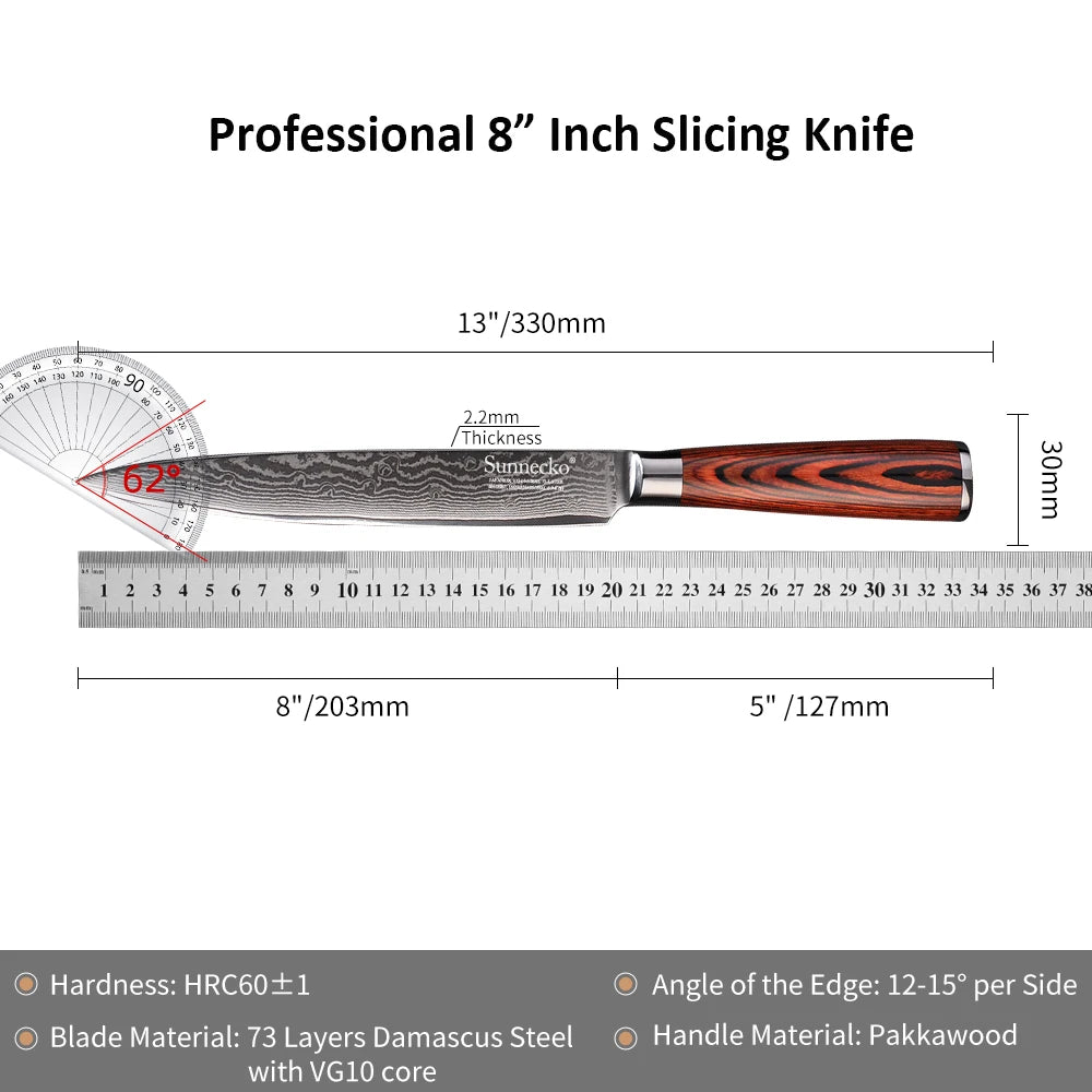Sunnecko 8" Damascus Steel Slicing Knife – VG10 Core, HRC60+ Damascus Slicing Knife Axl