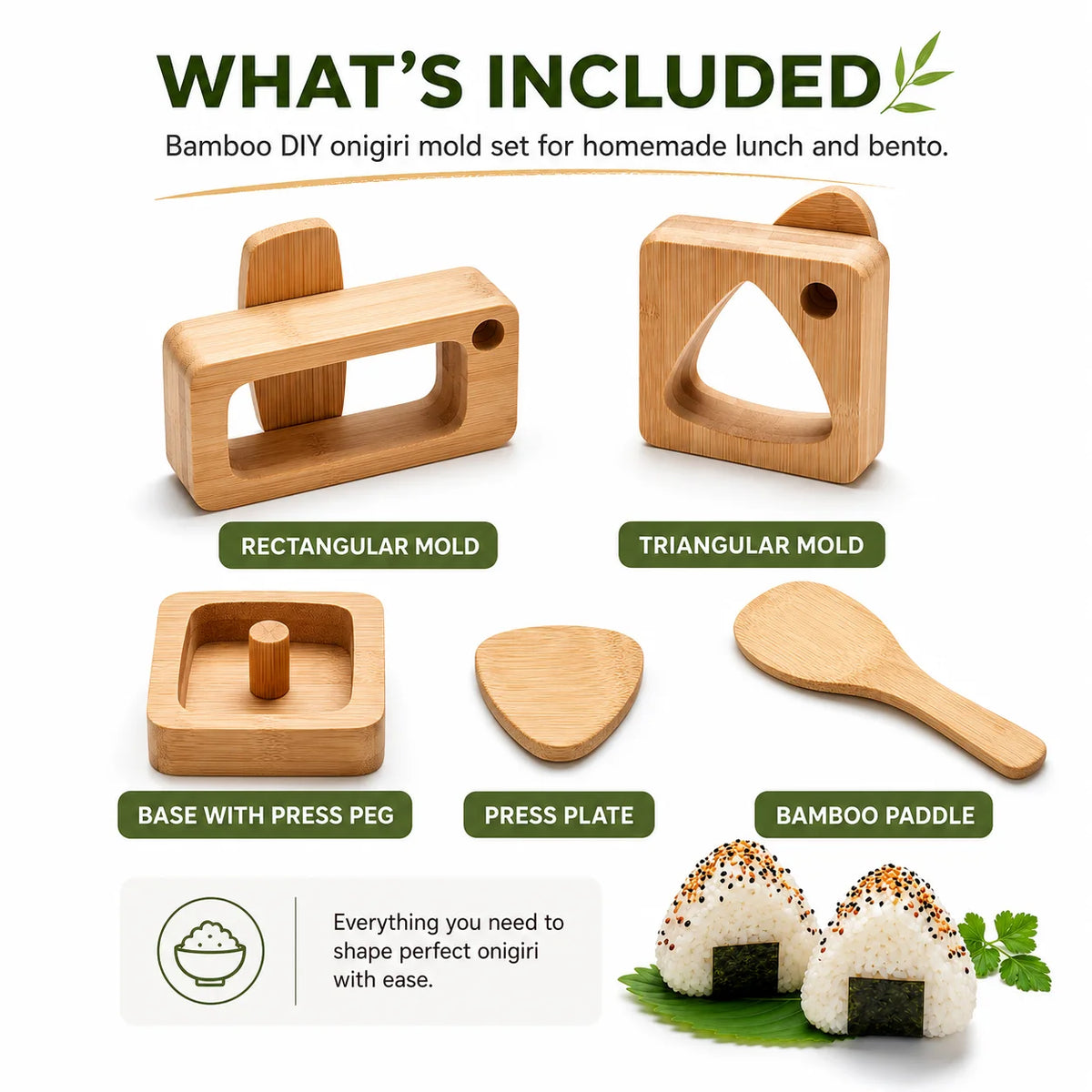 Natural Bamboo Onigiri Mold Set – 5-Piece Triangle Rice Ball Maker Sushi Mold Set Axl