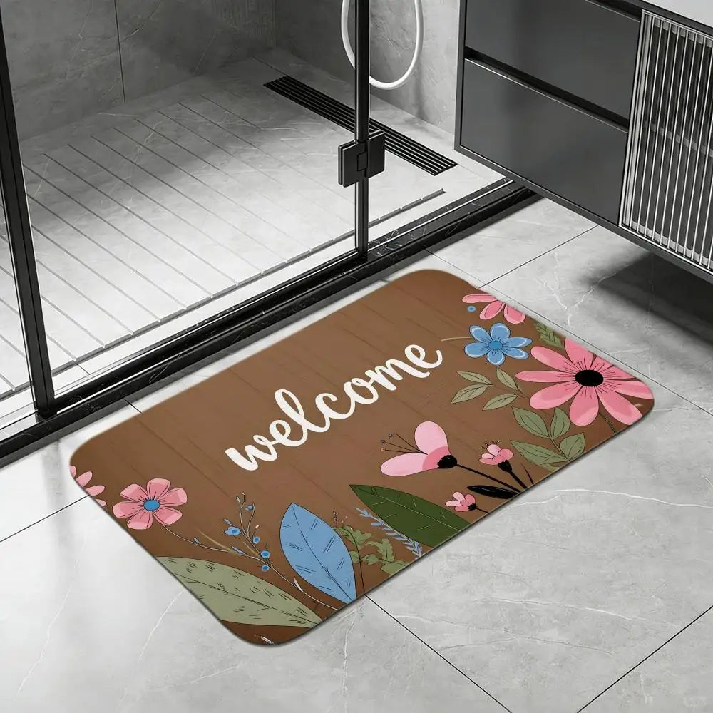 Diatomite Bath Mat – Floral Welcome Sign, Quick Dry & Non-Slip Diatomite Bath Mat Axl White1 30x45cm