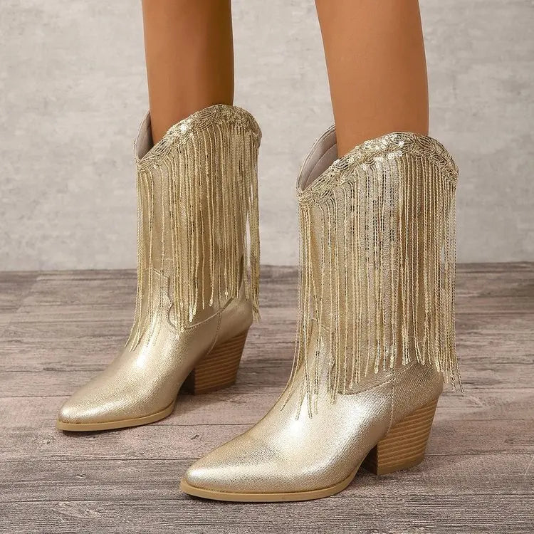 Women's Round Toe Stretch Sock Ankle Boots | Thick Heel Stretch Ankle Boots Axl 9322 gold 42