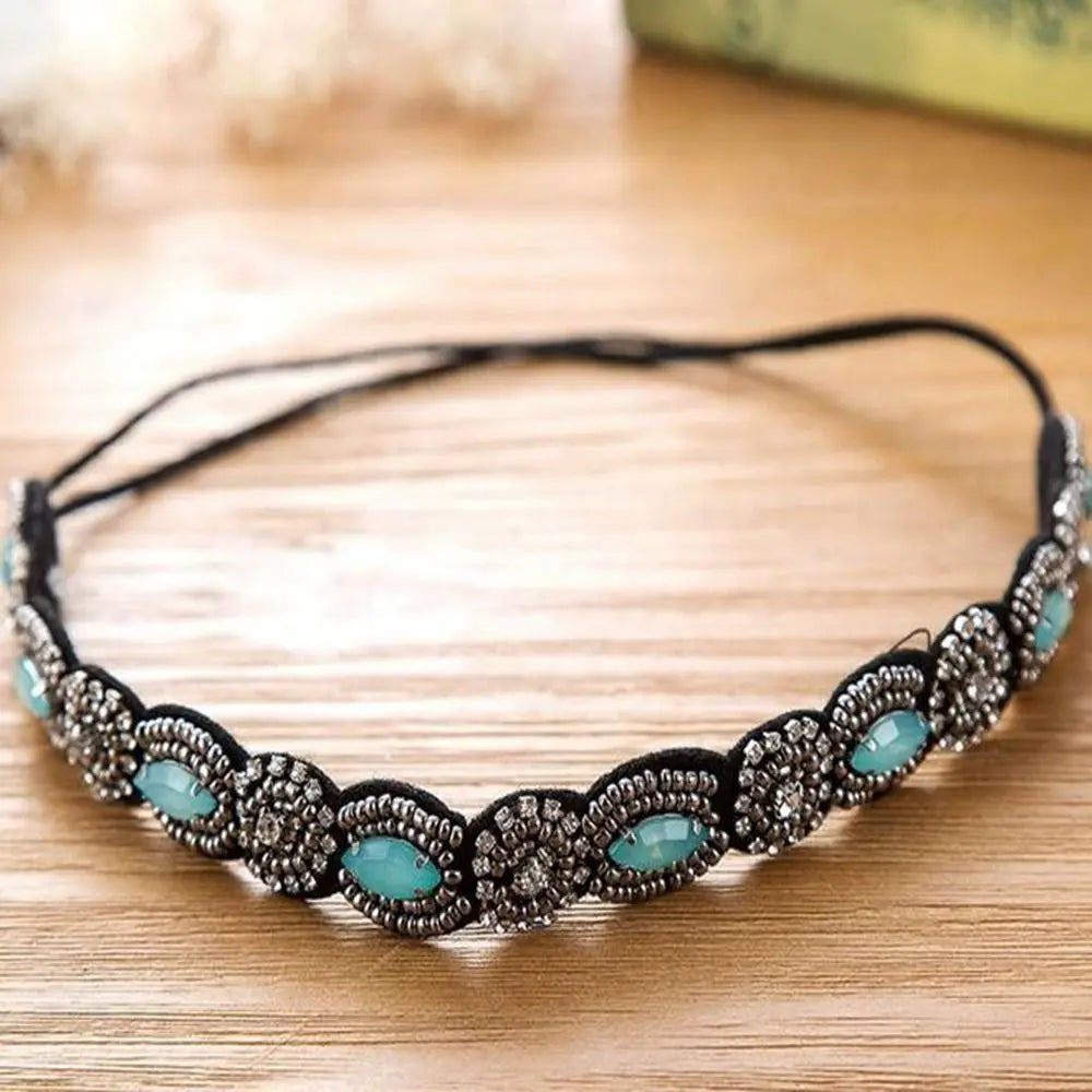 Rhinestone Beaded Headband – Bohemian Elastic Hair Band for Women Beaded Headband Axl green