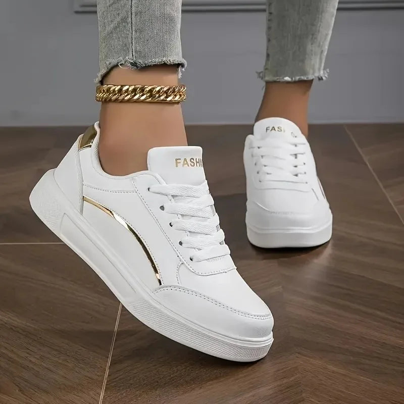 YBQJOO Women's Leather Platform Sneakers – Non-Slip Casual Platform Sneakers Axl white gold 41