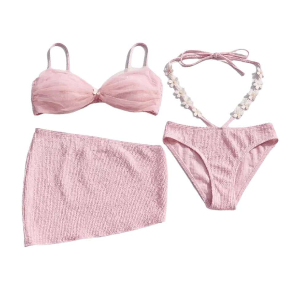 Women's 3-Piece Lace-Up Deep-V Bikini Set | Mesh Swimsuit Bikini Swimsuit Set Axl Pink One Size