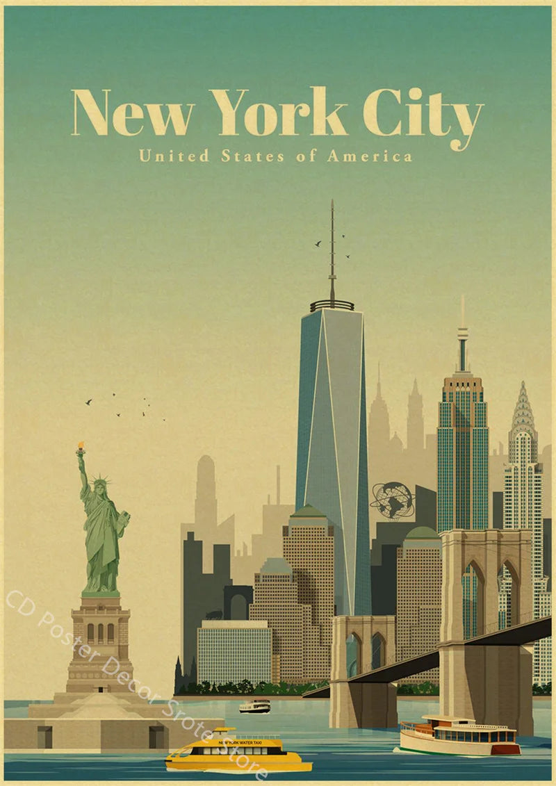 World Cities Retro Travel Poster – Rome Paris Sydney Dubai Art