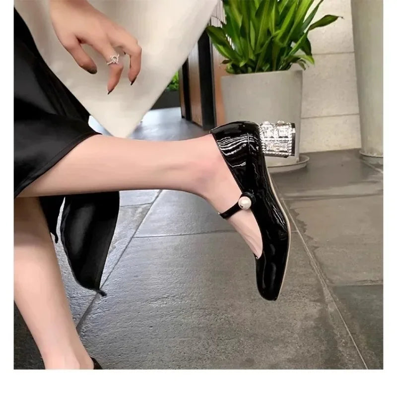 Women's Chunky Heel Mary Jane Pumps – Rhinestone Buckle Mary Jane Pumps Axl