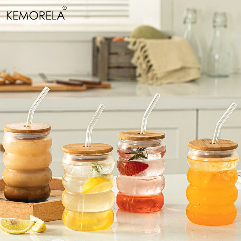 4-Pack Wave Borosilicate Glass Cups with Lid & Straw | KEMORELA Glass Drinkware Set Axl