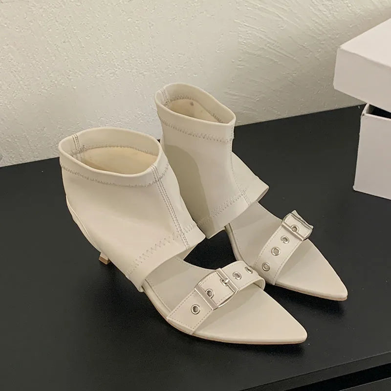 Women's Pointed Toe Ankle Boots – Metal Buckle Thin Heel Women's Ankle Boots Axl