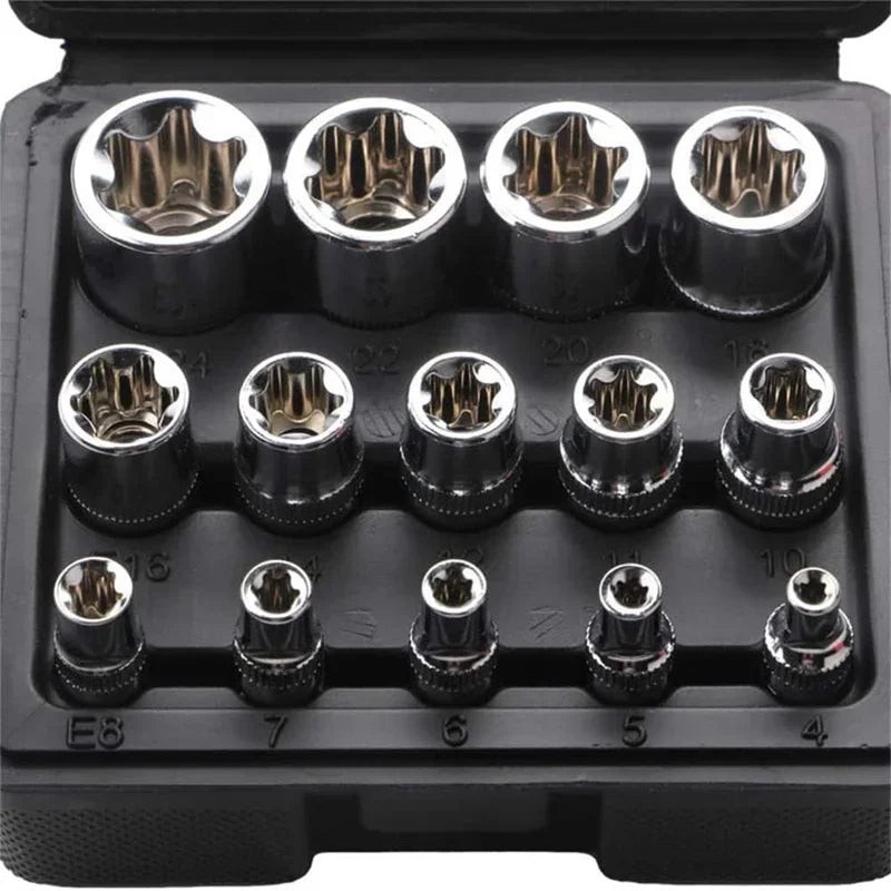 14-Pc Female E-Torx Socket Set E4–E24 | 1/4, 3/8 & 1/2 Drive Socket Set Axl