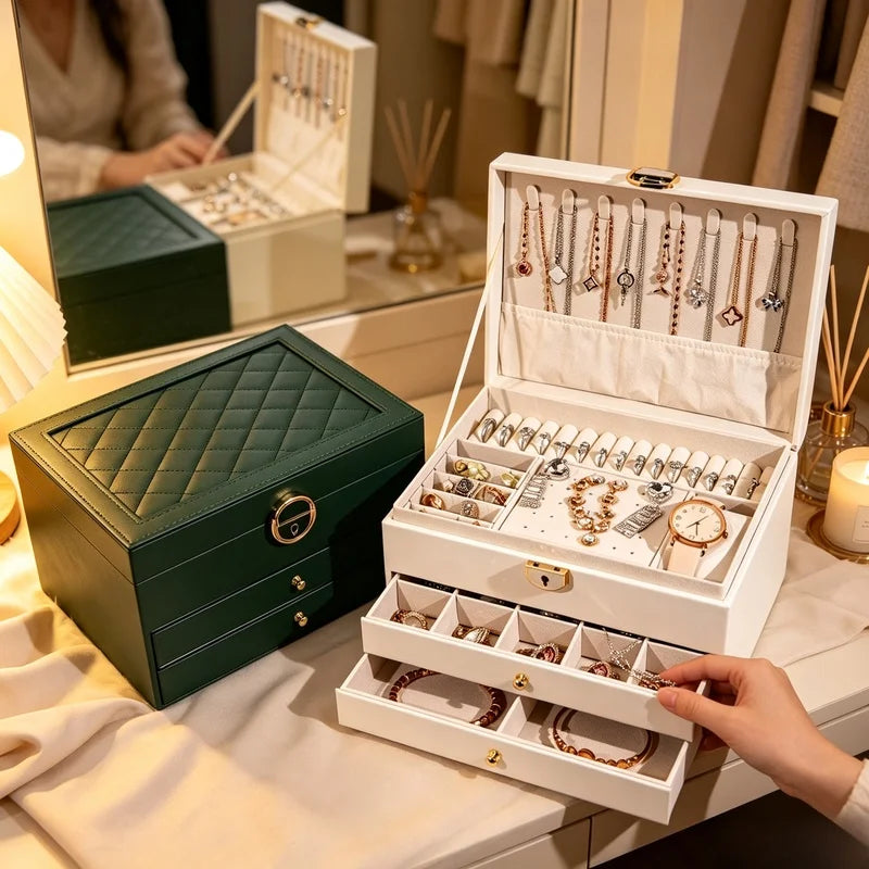 Multi-Layer Drawer Jewelry Organizer – Leather & Velvet Box Jewelry Storage Box Axl