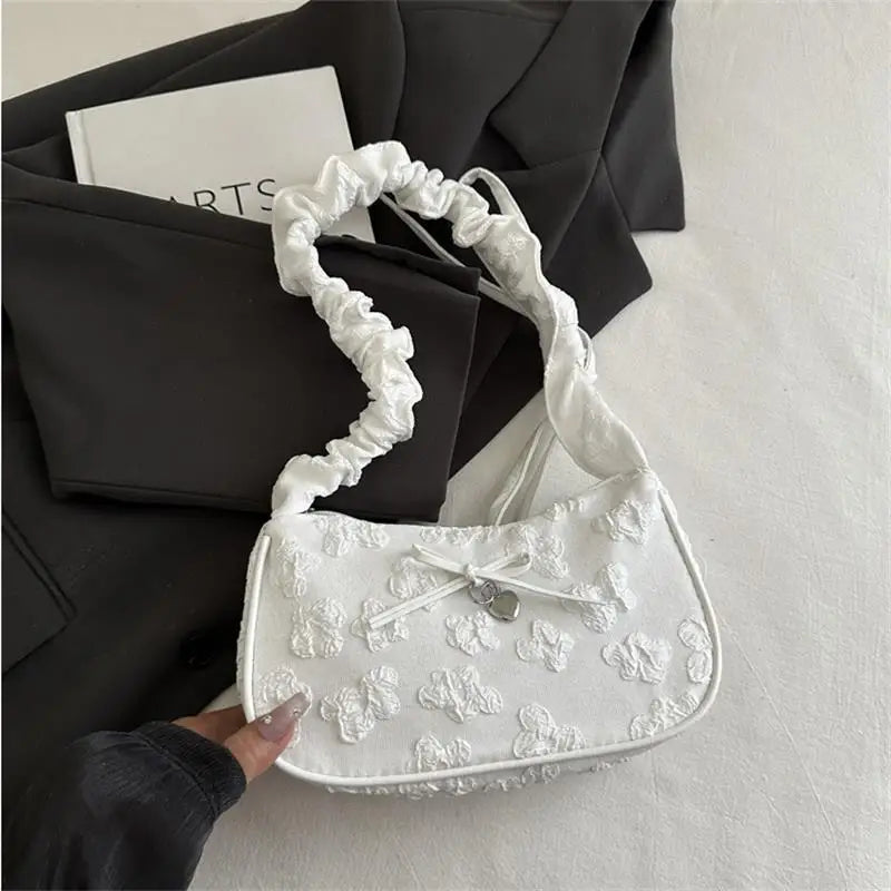 Bow Floral Pleated Crescent Crossbody Bag | Women's Handbag Crossbody Shoulder Bag Axl White