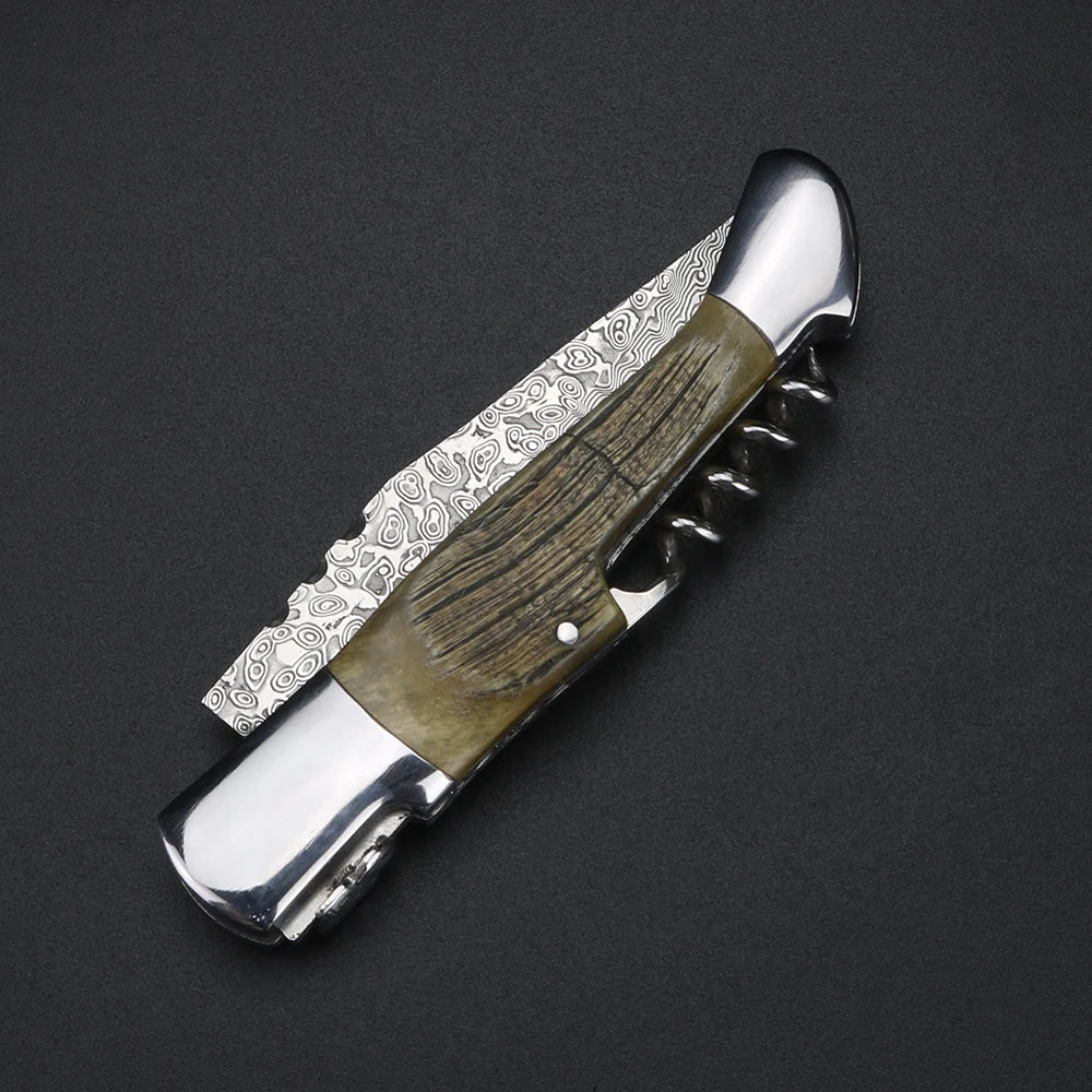 Damascus Steel Folding Knife – Sheep Horn Handle | XUAN FENG Damascus Folding Knife Axl