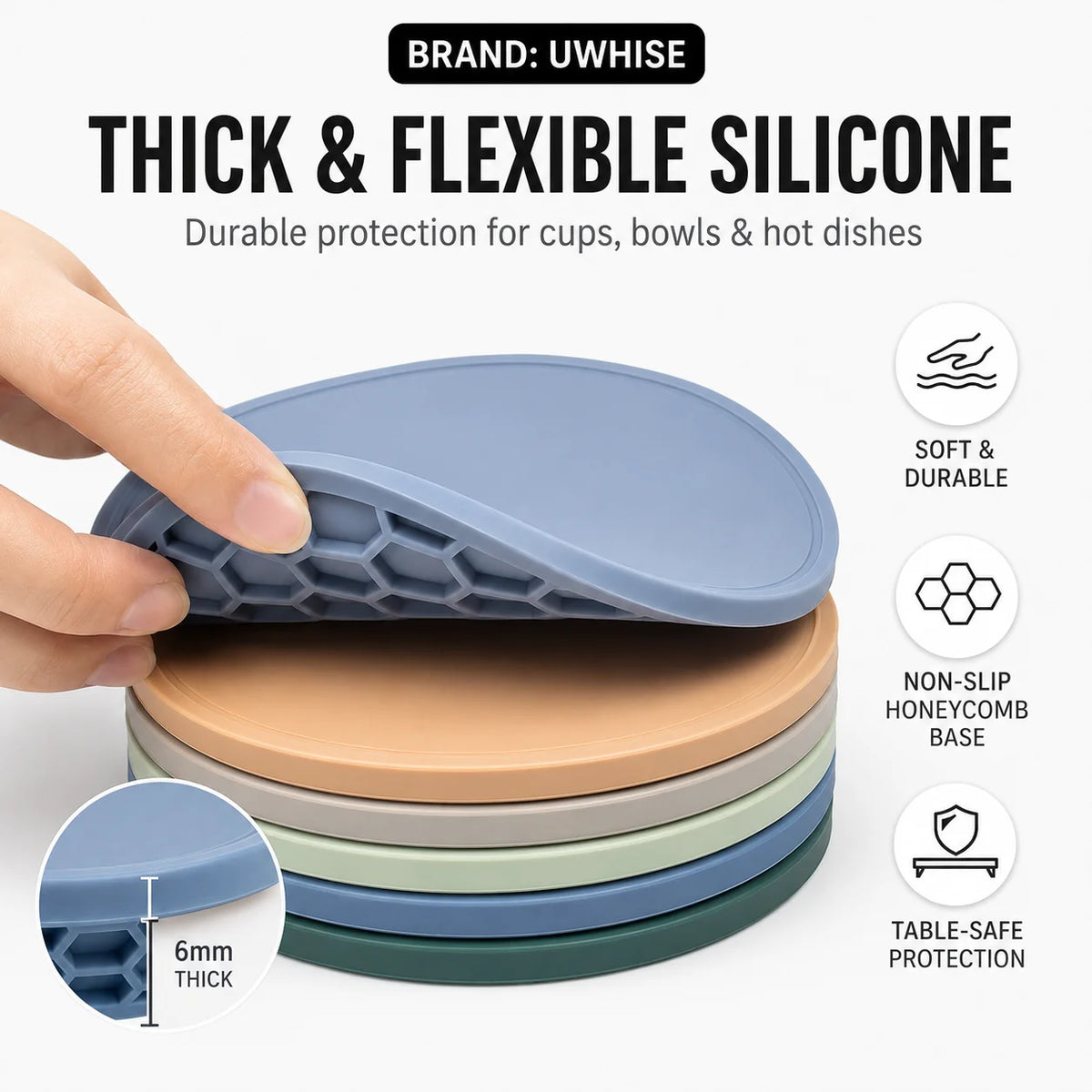 UWHISE 6-Piece Silicone Coasters Set with Holder | Heat Resistant Silicone Coaster Set Axl