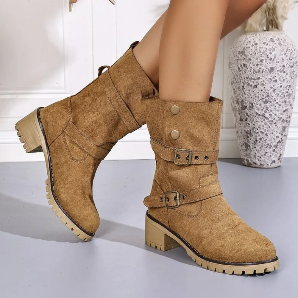 VKJF Women's Vintage Western Mid-Calf Boots | Buckle Slip-On Women's Western Boots Axl