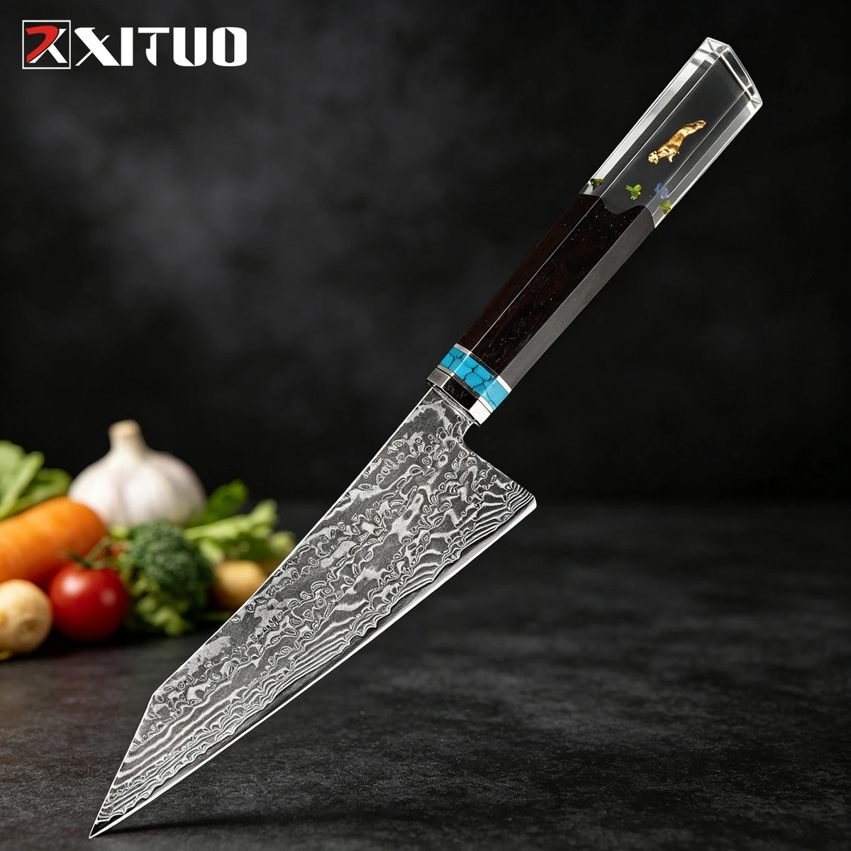 XITUO 8-Pc Damascus Steel Chef Knife Set | Resin Handle Chef Knife Set Axl Utility Knife