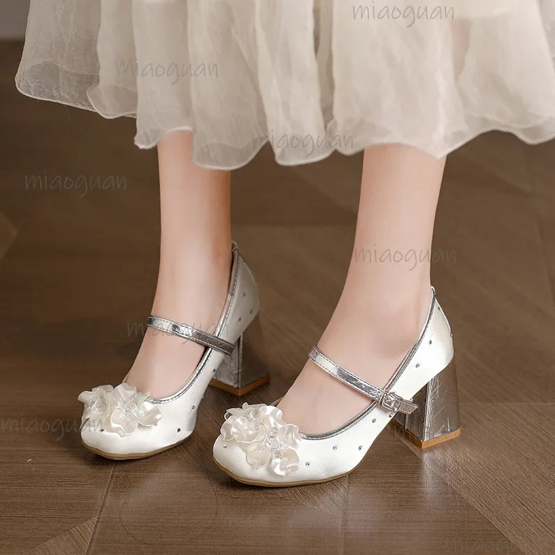 Rhinestone Flower Mary Jane Heels – Women's 7.5cm Party Pumps Mary Jane Pumps Axl