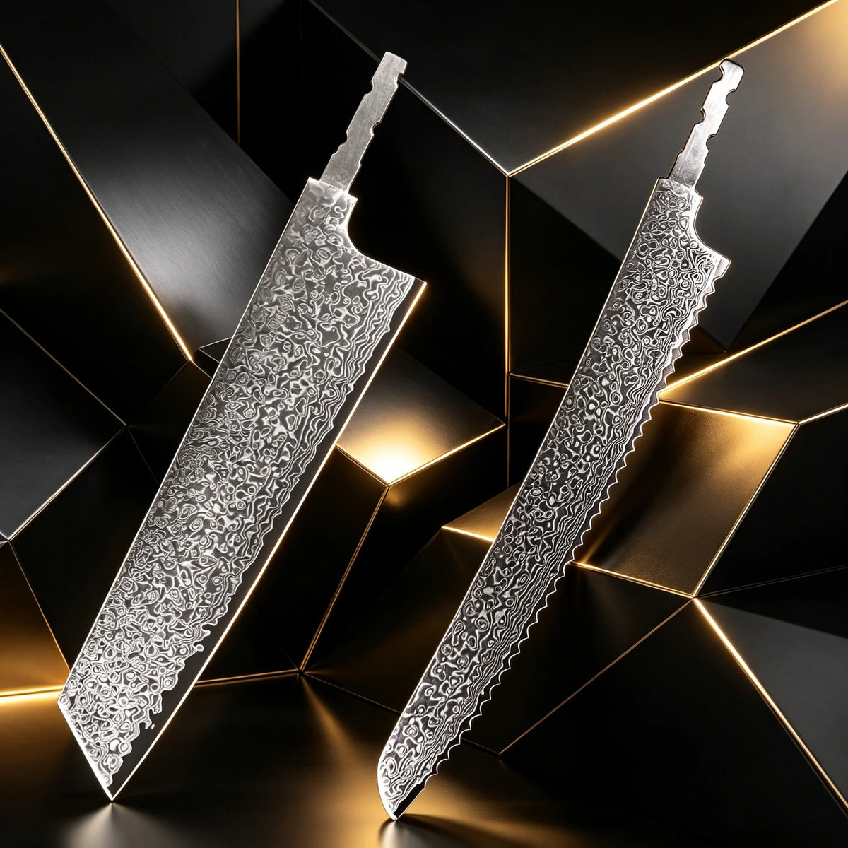 Damascus Steel Kiritsuke & Bread Knife Blade Set | DIY Kit Knife Blade Set Axl